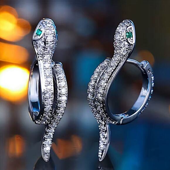 White Green Zircon Stone Snake Hoop Earrings Silver Wedding Jewelry For Women - Picture 2 of 13